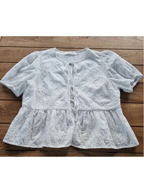 ASTR the Label Alix Rose White Eyelet Tie Front Peplum Puff Sleeve Top Size XL